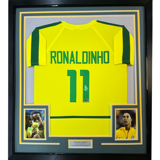 Framed Facsimile Autographed Ronaldinho 35x39 Brazil Yellow World Cup Reprint Laser Auto Soccer Jersey