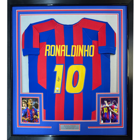 Framed Facsimile Autographed Ronaldinho 35x39 FC Barcelona Blue/Red Reprint Laser Auto Soccer Jersey