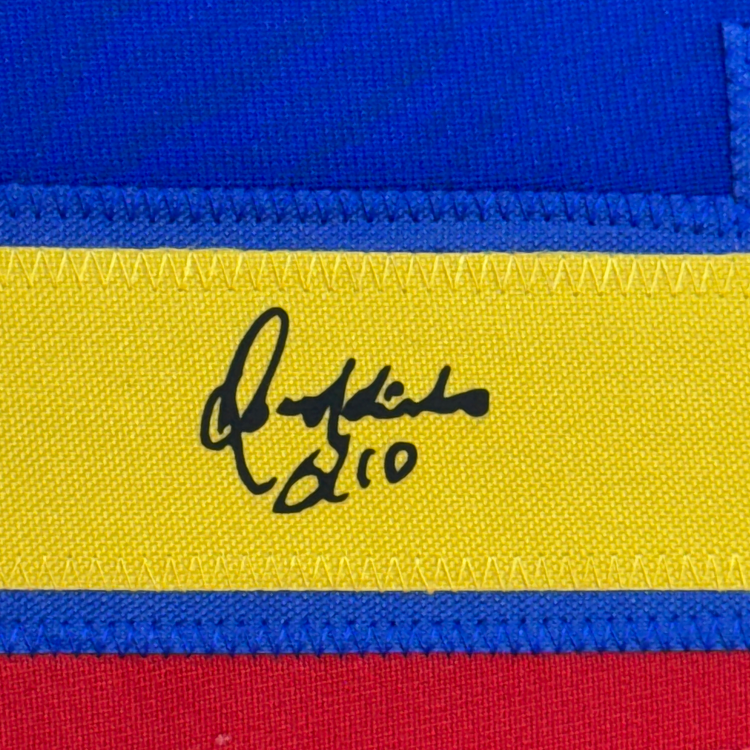 Framed Facsimile Autographed Ronaldinho 35x39 FC Barcelona Blue/Red Reprint Laser Auto Soccer Jersey