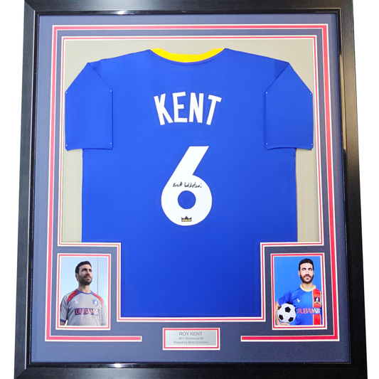 Framed Facsimile Autographed Brett Goldstein Roy Kent 35x39 AFC Richmond Ted Lasso Blue Reprint Laser Auto Soccer Jersey