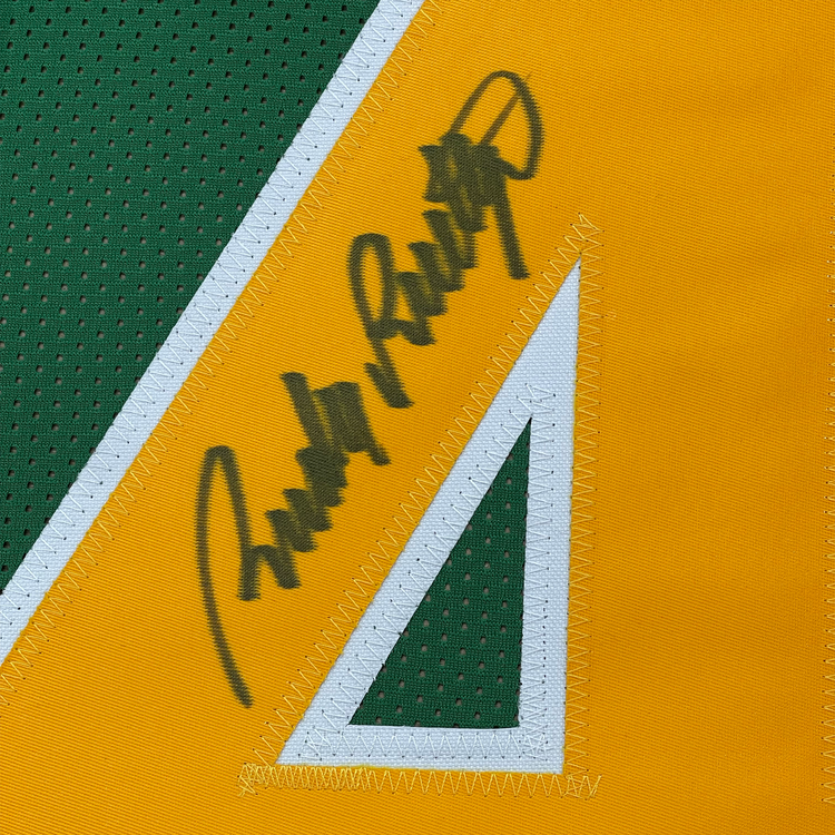 Framed Autographed/Signed Rudy Ruettiger 35x39 Notre Dame Green Rudy College Football Jersey JSA COA