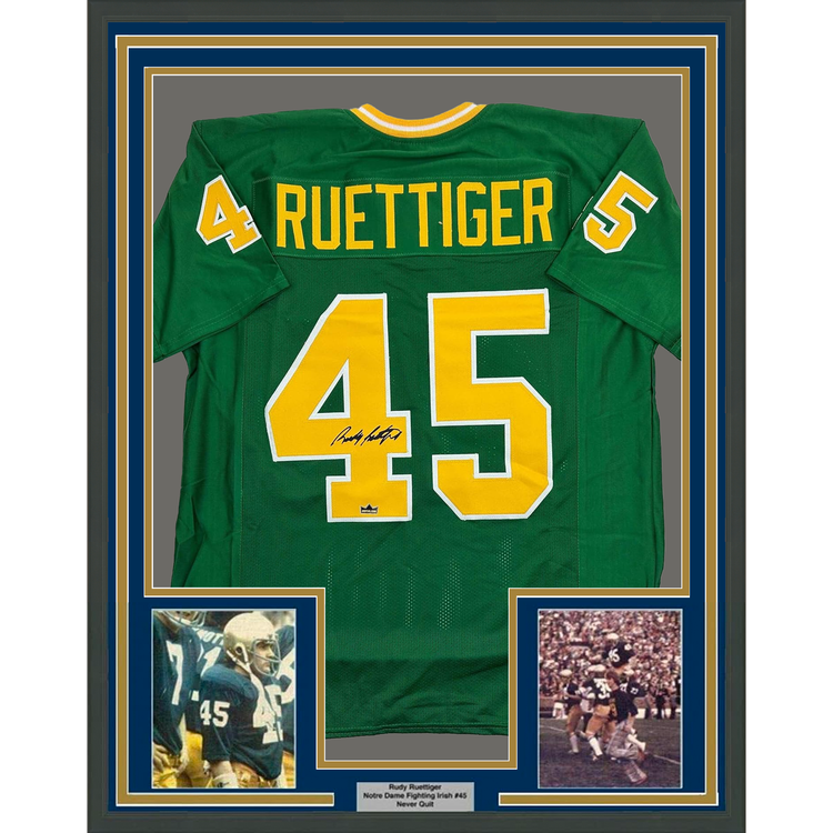 Framed Facsimile Autographed Rudy Ruettiger 35x39 Notre Dame Green Reprint Laser Auto College Football Jersey