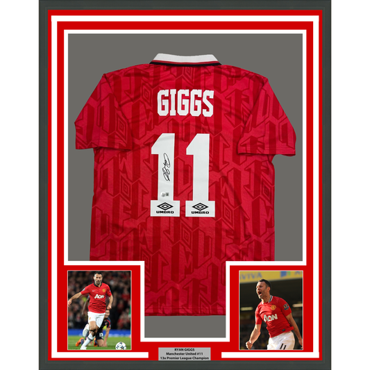 Framed Autographed/Signed Ryan Giggs 35x39 Manchester United Red Soccer Jersey Beckett BAS COA