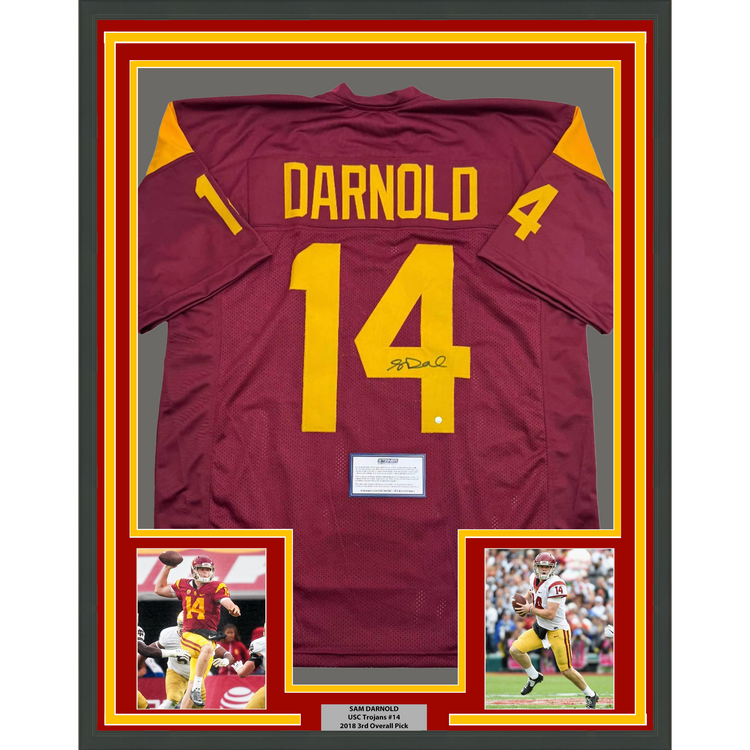 Framed Autographed/Signed Sam Darnold 35x39 USC Southen Cal Maroon College Football Jersey Steiner COA