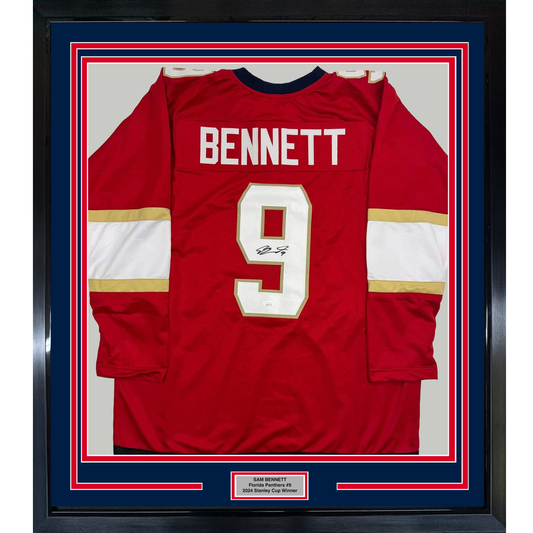 Framed Autographed/Signed Sam Bennett 35x39 Florida Red Hockey Jersey JSA COA