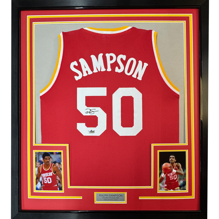 Framed Facsimile Autographed Ralph Sampson 35x39 Houston Red Reprint Laser Auto Basketball Jersey