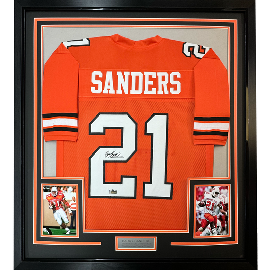 Framed Facsimile Autographed Barry Sanders 35x39 Oklahoma State Orange Reprint Laser Auto College Football Jersey