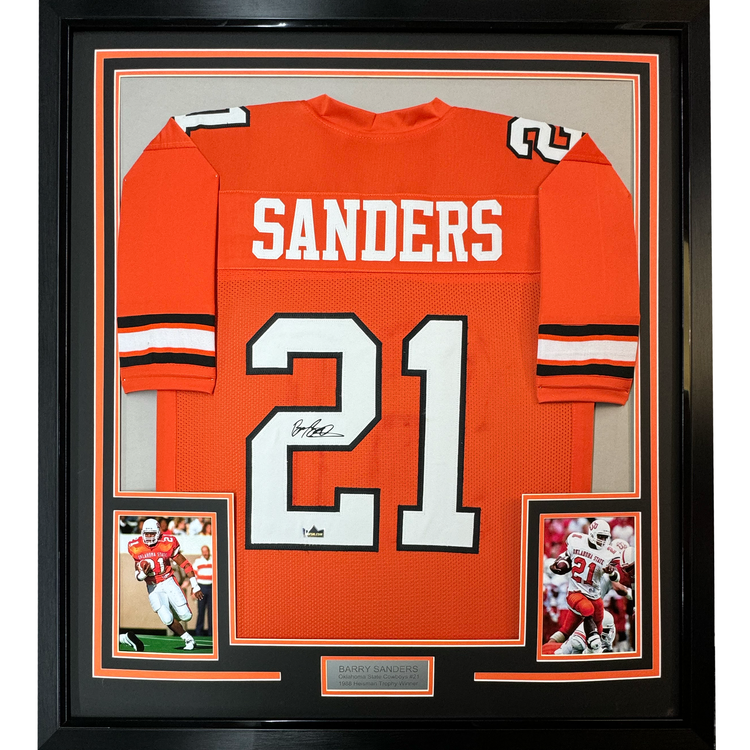 Framed Facsimile Autographed Barry Sanders 35x39 Oklahoma State Orange Reprint Laser Auto College Football Jersey