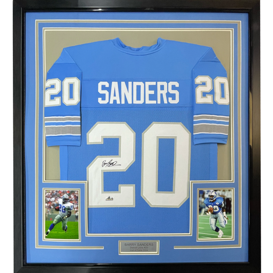 Framed Facsimile Autographed Barry Sanders 35x39 Detroit Blue Reprint Laser Auto Football Jersey Size Men's XL