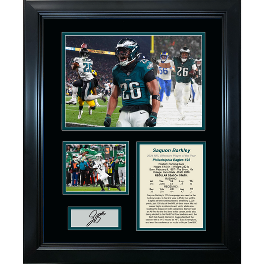 Framed Saquon Barkley 2024 NFL Offensive Player of the Year Philadelphia Eagles Facsimile Laser Engraved Signature Auto Football 11"x14" Photo Sig Collage