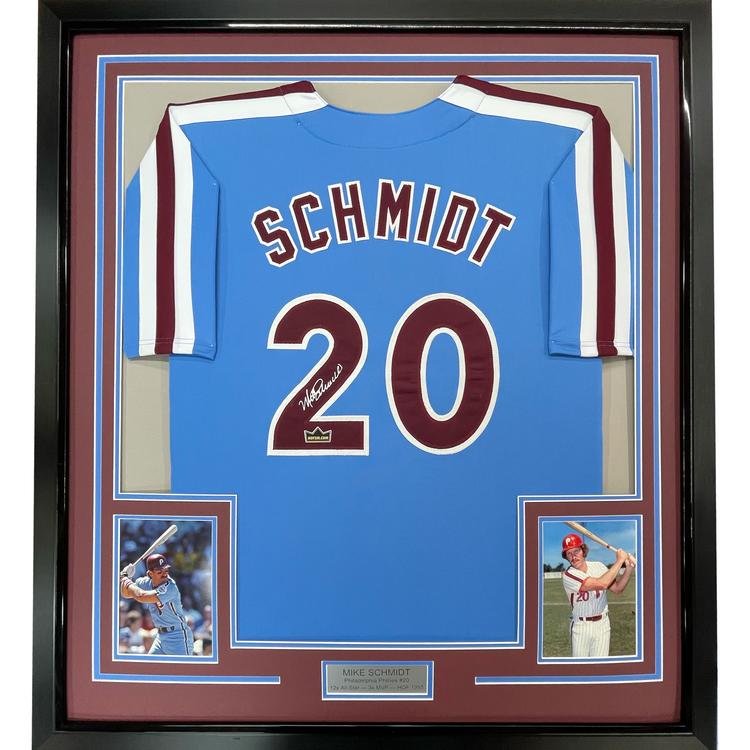 Framed Facsimile Autographed Mike Schmidt 35x39 Philadelphia Blue Retro Reprint Laser Auto Baseball Jersey
