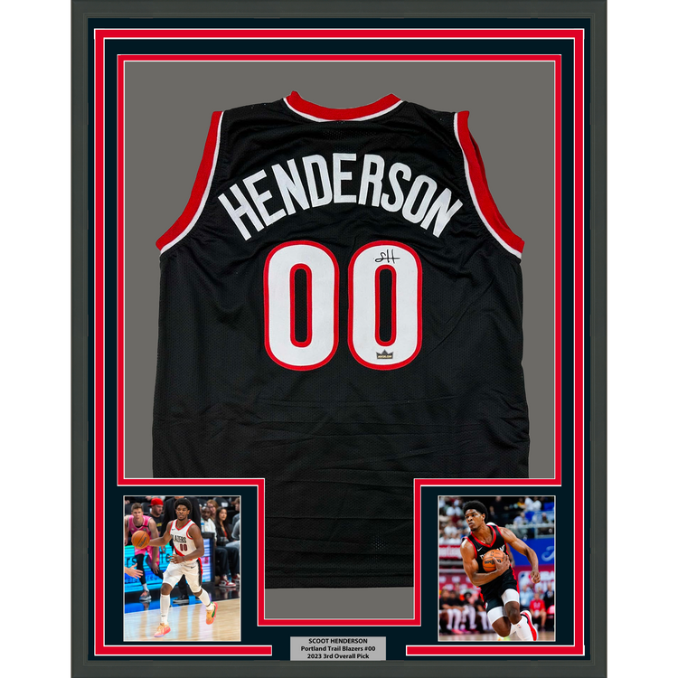 Framed Facsimile Autographed Scoot Henderson 35x39 Portland Black Reprint Laser Auto Basketball Jersey