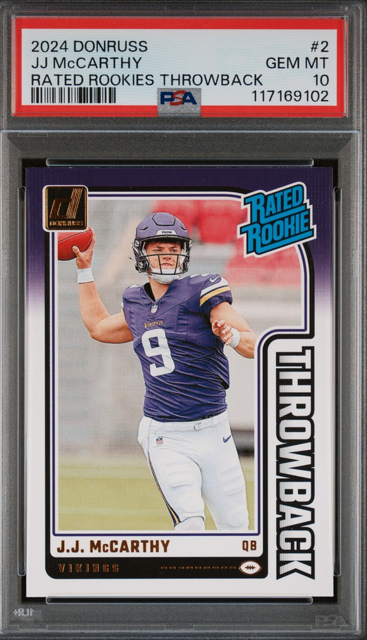 Graded 2024 Panini Donruss JJ McCarthy #2 Rated Rookies Throwback Rookie RC Football Card PSA 10 Gem Mint