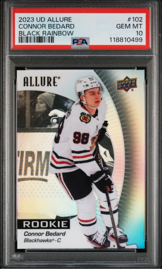 Graded 2023 Upper Deck Allure Connor Bedard #102 Black Rainbow Rookie RC Hockey Card PSA 10 Gem Mint