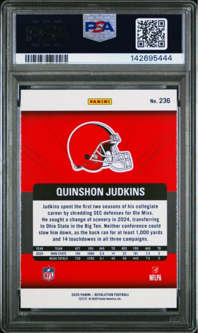 Graded 2025 Panini Revolution Quinshon Judkins #236 Rookie RC Football Card PSA 10 Gem Mint