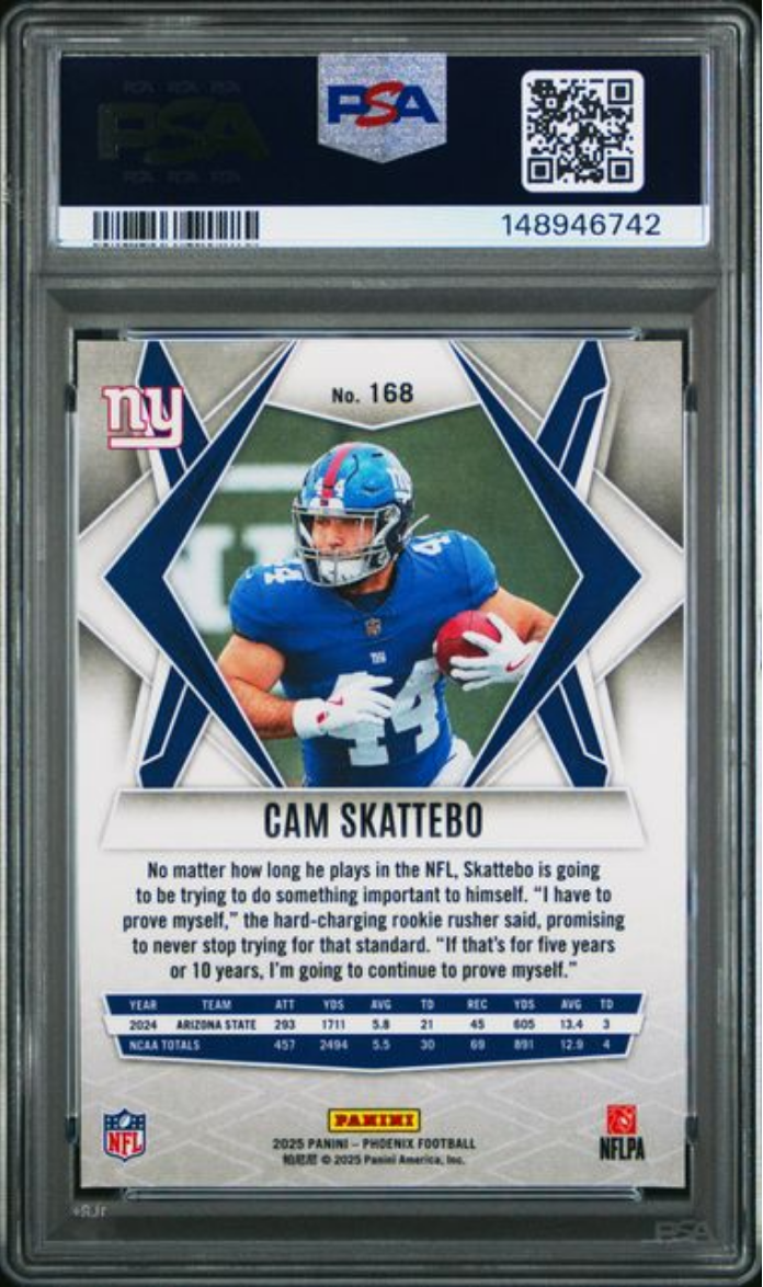 Graded 2025 Panini Phoenix Cam Skattebo #168 Silver Pyramids Rookie RC Football Card PSA 10 Gem Mint