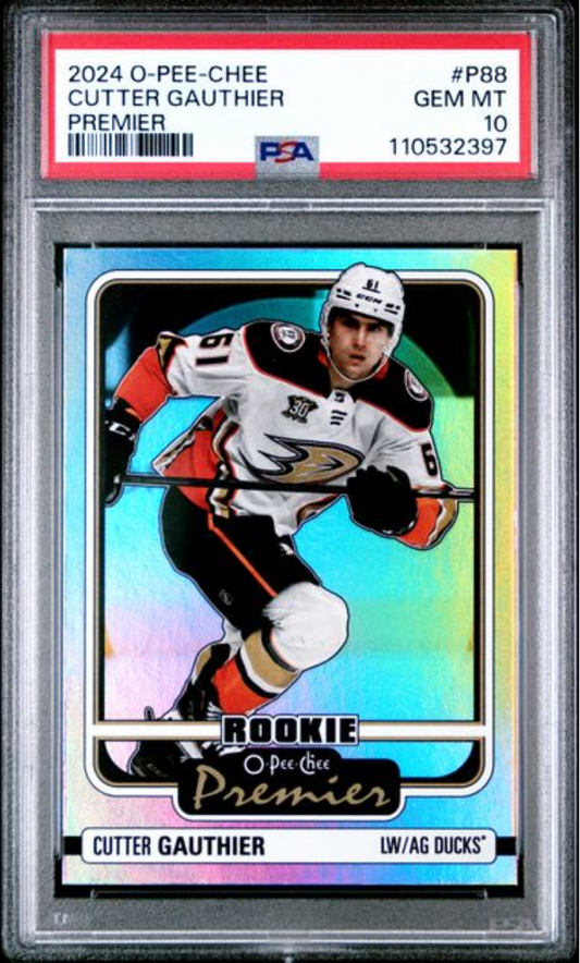 Graded 2024 Upper Deck O-Pee-Chee Cutter Gauthier #P88 Premier Rookie RC Hockey Card PSA 10 Gem Mint