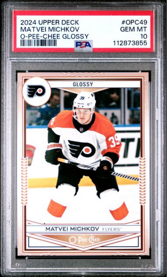 Graded 2024 Upper Deck Matvei Michkov #OPC49 O-Pee-Chee Glossy Rookie RC Hockey Card PSA 10 Gem Mint