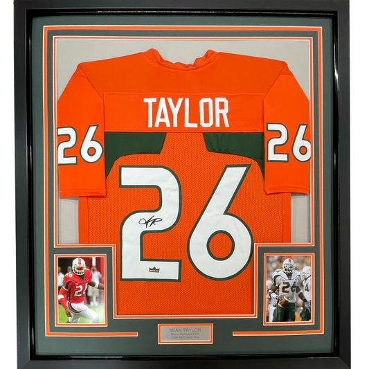 Framed Facsimile Autographed Sean Taylor 35x39 Miami Orange Reprint Laser Auto College Football Jersey