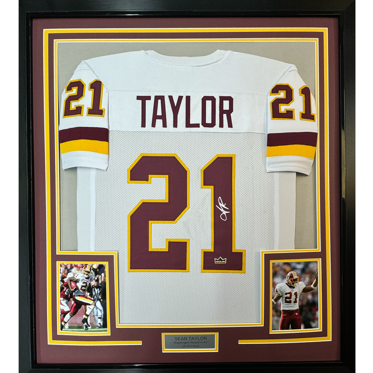 Framed Facsimile Autographed Sean Taylor 35x39 Washington White Reprint Laser Auto Football Jersey