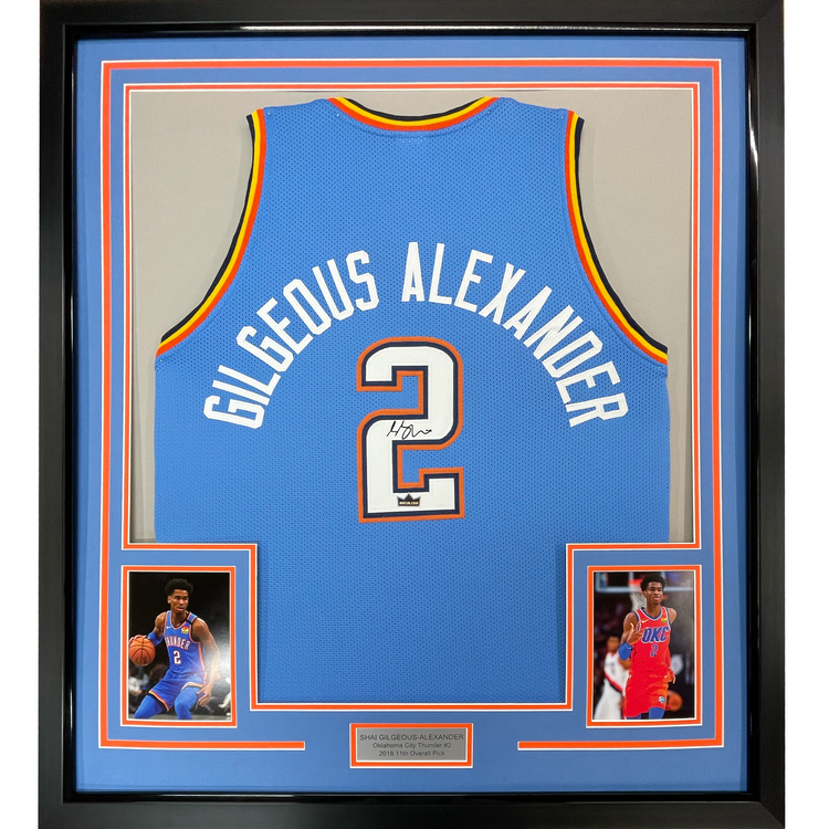 Framed Facsimile Autographed Shai Gilgeous-Alexander 35x39 SGA Oklahoma City Blue Reprint Laser Auto Basketball Jersey