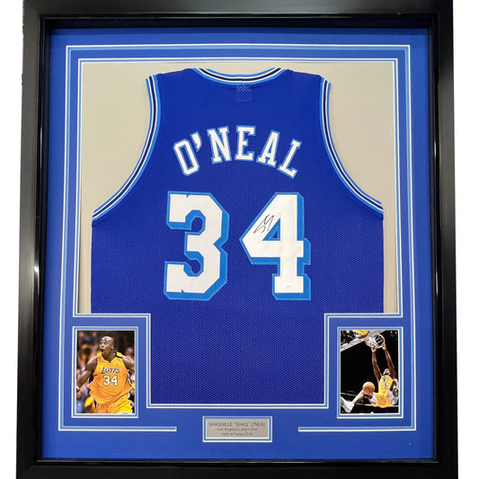 Framed Autographed/Signed Shaquille Shaq O'Neal 35x39 Los Angeles Retro Blue Basketball Jersey JSA COA