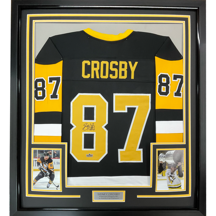Framed Facsimile Autographed Sidney Crosby 35x39 Pittsburgh Black Reprint Laser Auto Hockey Jersey