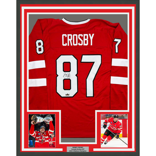 Framed Facsimile Autographed Sidney Crosby 35x39 Canada Red 2025 4 Nations Face-Off Reprint Laser Auto Hockey Jersey