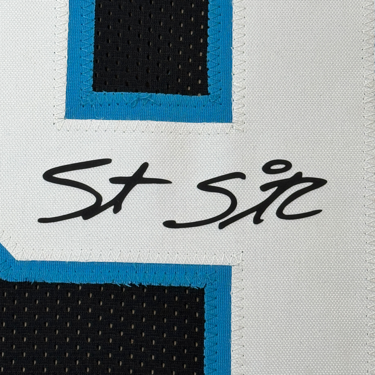 Framed Facsimile Autographed Steve Smith Sr. 35x39 Carolina Black Reprint Laser Auto Football Jersey