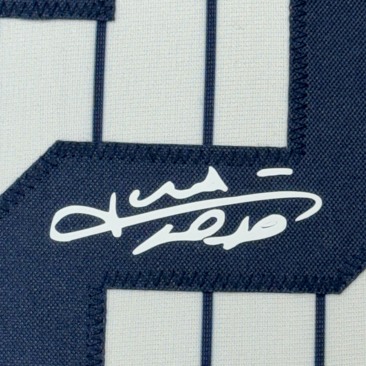 Framed Facsimile Autographed Juan Soto 35x39 New York Pinstripe Reprint Laser Auto Baseball Jersey