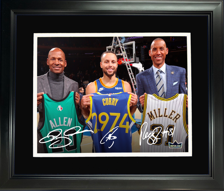 Framed Stephen Curry, Ray Allen & Reggie Miller 3-point Record Facsimile Laser Engraved Signature Auto 11"x14"Basketball Photo HOFSM Holo
