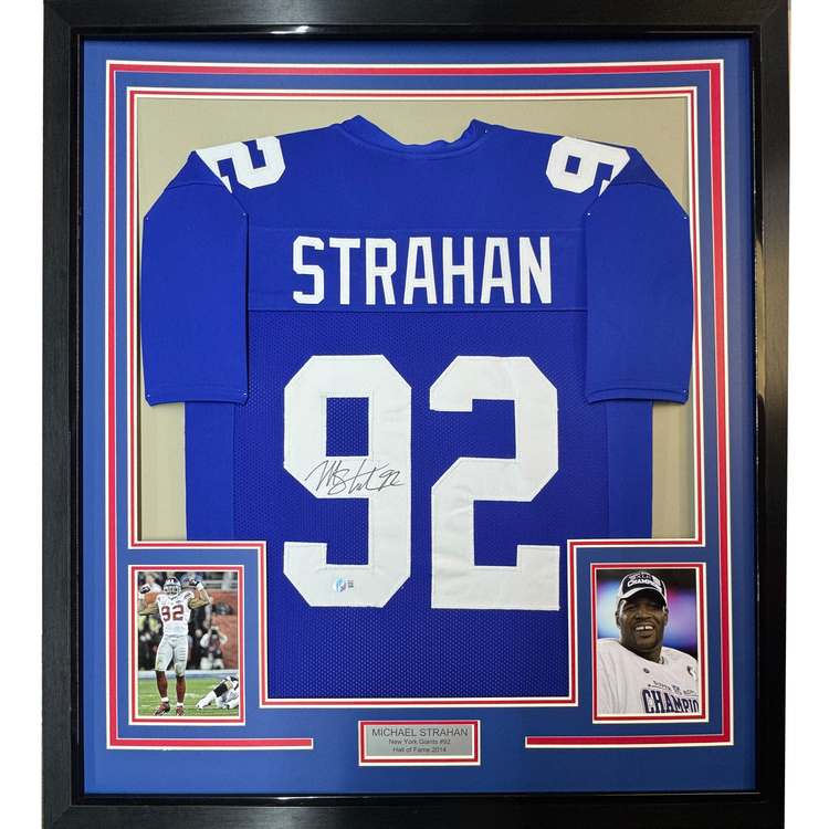 Framed Autographed/Signed Michael Strahan 35x39 New York Blue Football Jersey JSA COA