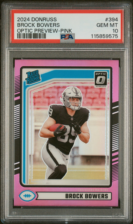 Graded 2024 Panini Donruss Brock Bowers #PINK Rookie RC Football Card PSA 10 Gem Mint
