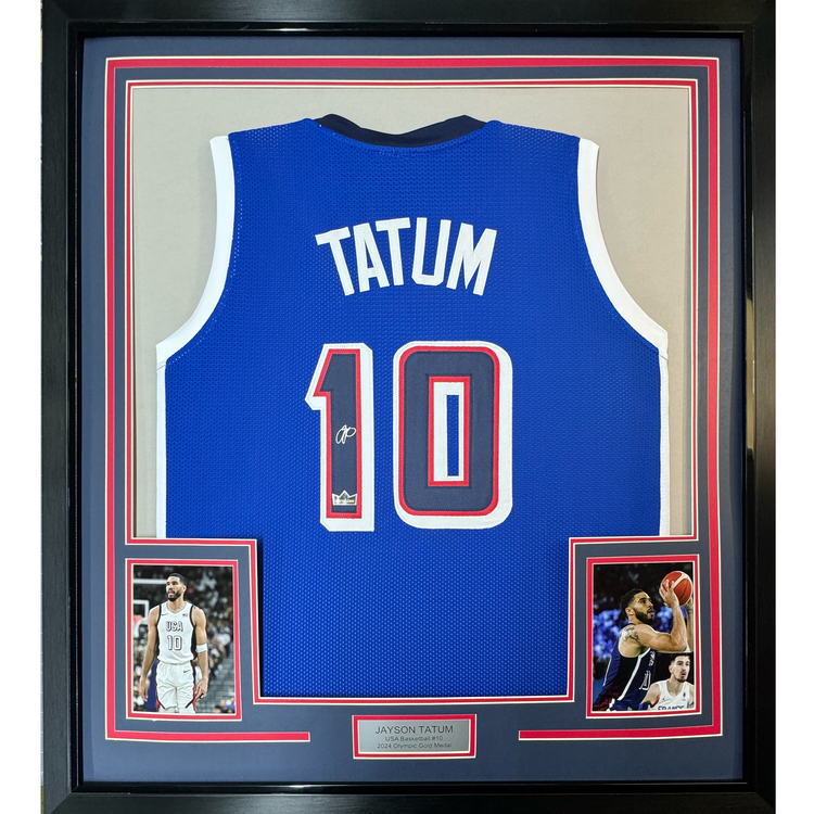 Framed Facsimile Autographed Jayson Tatum 35x39 2024 United States Team USA Blue Reprint Laser Auto Basketball Jersey