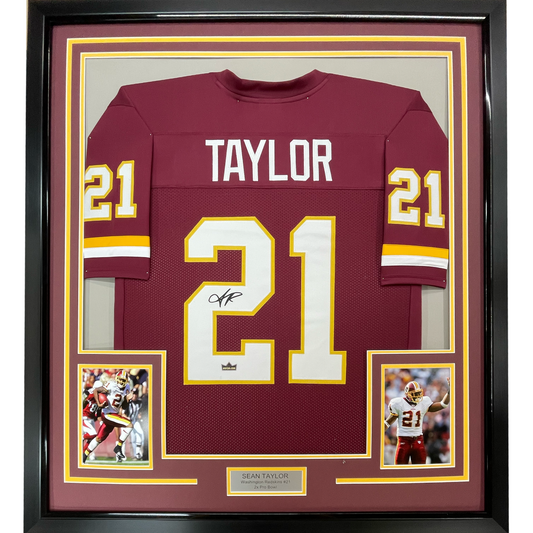 Framed Facsimile Autographed Sean Taylor 35x39 Washington Red Reprint Laser Auto Football Jersey