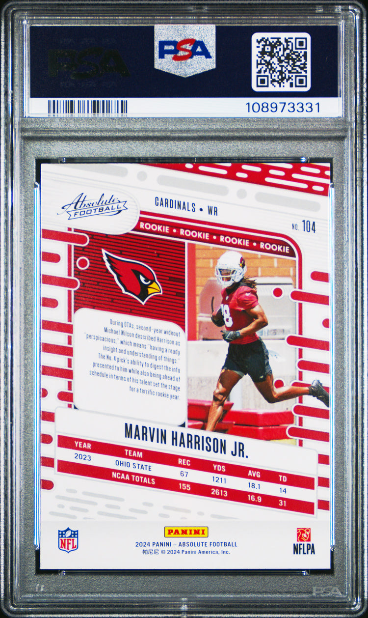 Graded 2024 Panini Absolute Marvin Harrison Jr #104 Rookie RC Football Card PSA 9 Mint
