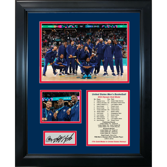 Framed 2024 United States USA Basketball Gold Medal Stephen Curry, LeBron James, Kevin Durant Facsimile Laser Engraved Signature Auto Basketball 11"x14" Photo Sig Collage