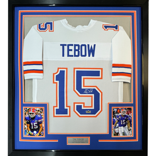 Framed Facsimile Autographed Tim Tebow 35x39 Florida White Reprint Laser Auto College Football Jersey Size Men's XL