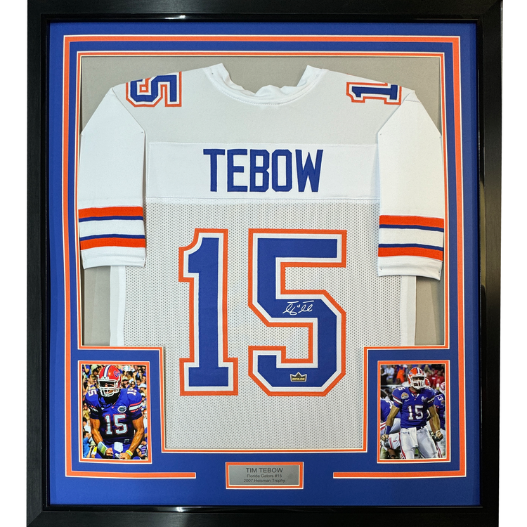 Framed Facsimile Autographed Tim Tebow 35x39 Florida White Reprint Laser Auto College Football Jersey Size Men's XL