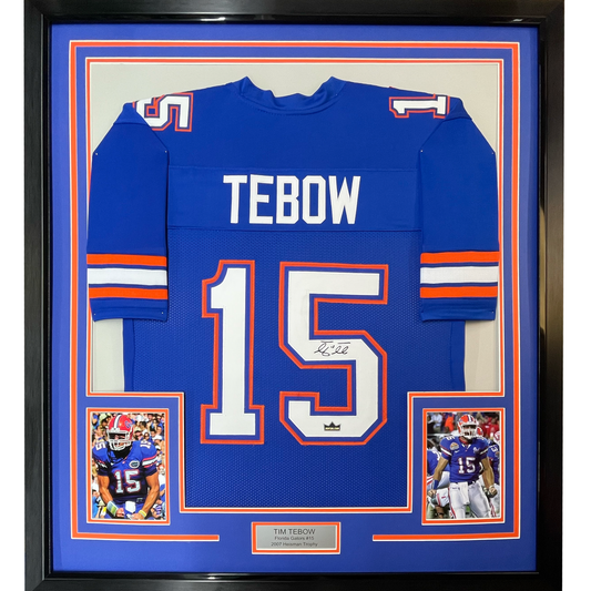 Framed Facsimile Autographed Tim Tebow 35x39 Florida Blue Reprint Laser Auto College Football Jersey Size Men's XL
