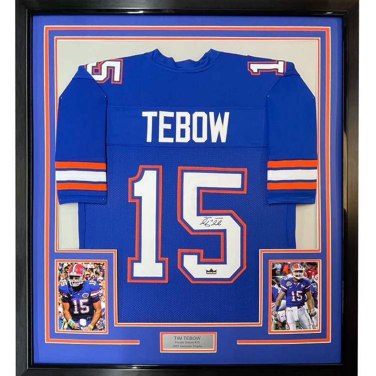 Framed Facsimile Autographed Tim Tebow 35x39 Florida Blue Reprint Laser Auto College Football Jersey Size Men's XL