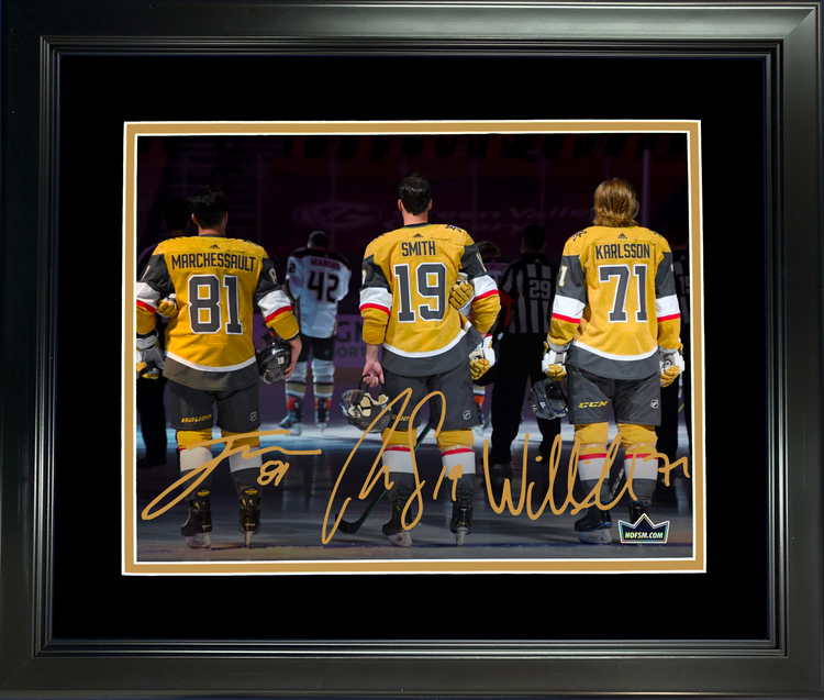 Framed The Misfits Vegas Golden Knights Marchessault, Karlsson, Smith Facsimile Laser Engraved Signature Auto 11"x14" Hockey Photo HOFSM Holo