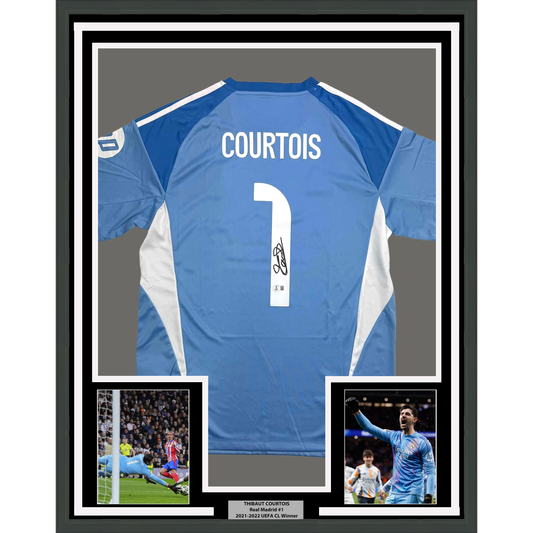 Framed Autographed/Signed Thibaut Courtois 35x39 Real Madrid Blue Soccer Jersey Beckett BAS COA