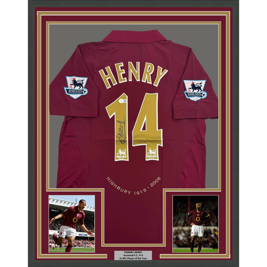 Framed Autographed/Signed Thierry Henry 35x39 Arsenal Red Soccer Jersey Beckett BAS COA