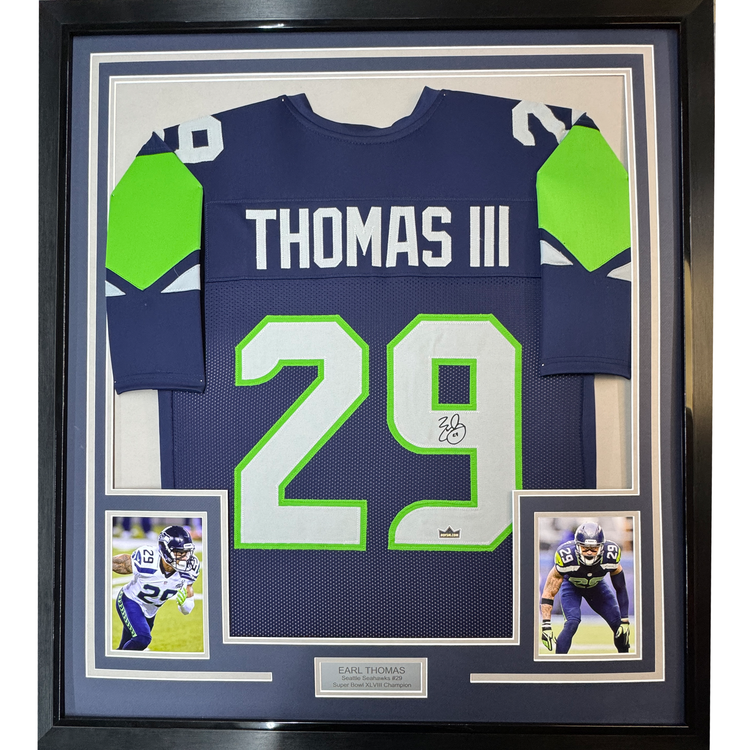 Framed Facsimile Autographed Earl Thomas 35x39 Seattle Blue Reprint Laser Auto Football Jersey