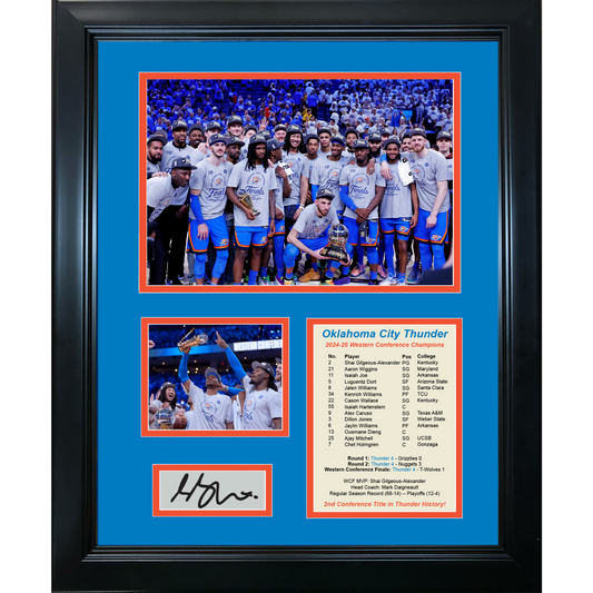 Framed Oklahoma City Thunder 2024-2025 Western Conference Finals Champions Shai Gilgeous-Alexander SGA MVP Most Valuable Player Facsimile Laser Engraved Signature Auto Basketball 11"x14" Photo Sig Collage