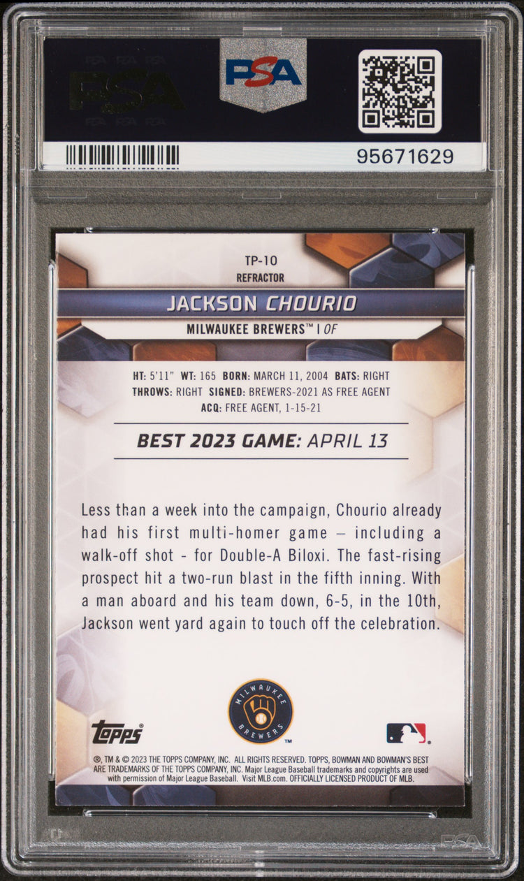 Graded 2023 Topps Bowmans Best Jackson Chourio #TP10 Top Prospects Refractor Rookie RC Baseball Card PSA 10 Gem Mint