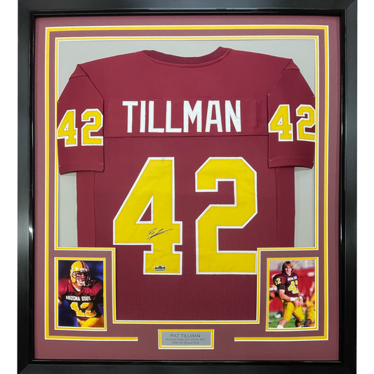Framed Facsimile Autographed Pat Tillman 35x39 Arizona State Red Reprint Laser Auto Football Jersey Size Men's XL