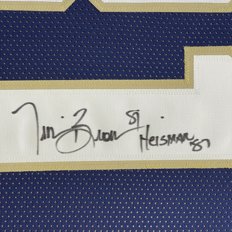 Framed Autographed/Signed Tim Brown 35x39 Heisman 87 Notre Dame Blue College Football Jersey Beckett BAS COA