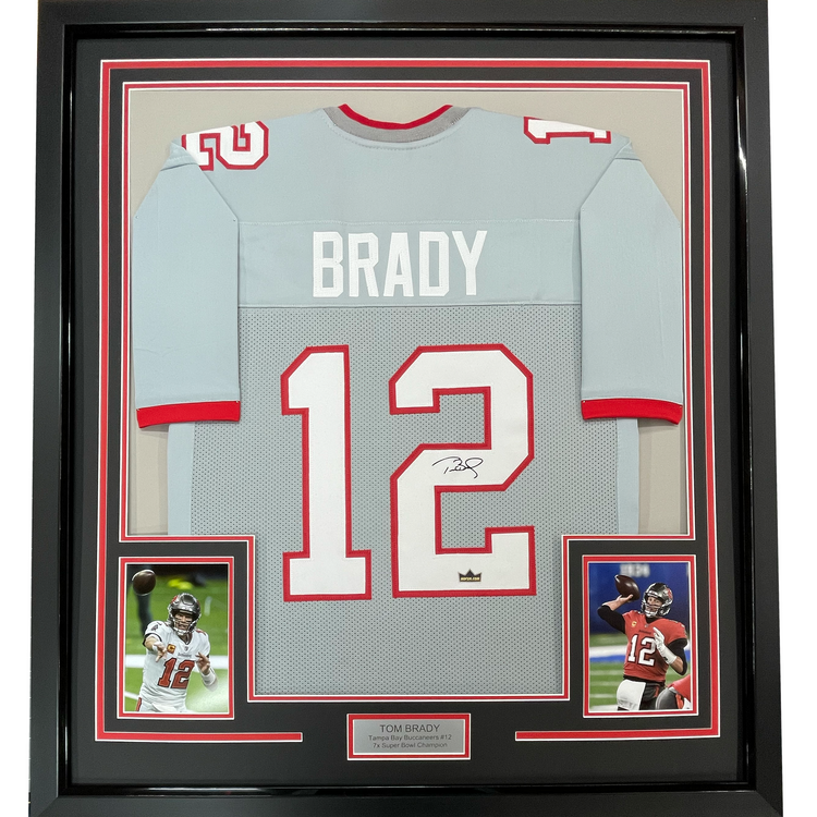 Framed Facsimile Autographed Tom Brady 35x39 Tampa Bay Pewter Grey Reprint Laser Auto Football Jersey Size Men's XL